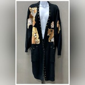 Giorgeo Veneto Of Italy Tiger Animal Patchwork Jeweled Long Sweater (BX29)